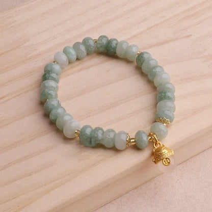 Handmade retro bracelet with lucky cat charm in strawberry quartz or grey jade