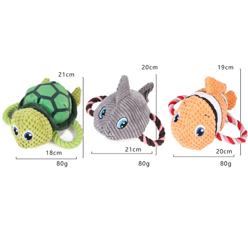 Turtle-shaped dog chewing toy, an interactive pet stuffed toy with a knotted rope interior for durable chewing and playful tug-of-war, available in grey, green, or orange colour options.