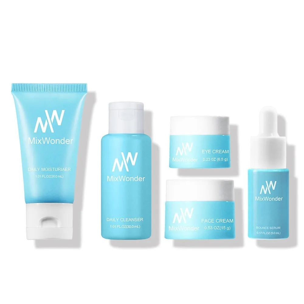 Five-piece travel skincare set with moisturising, cleansing, tonic, lotion, cream and eye lotion products
