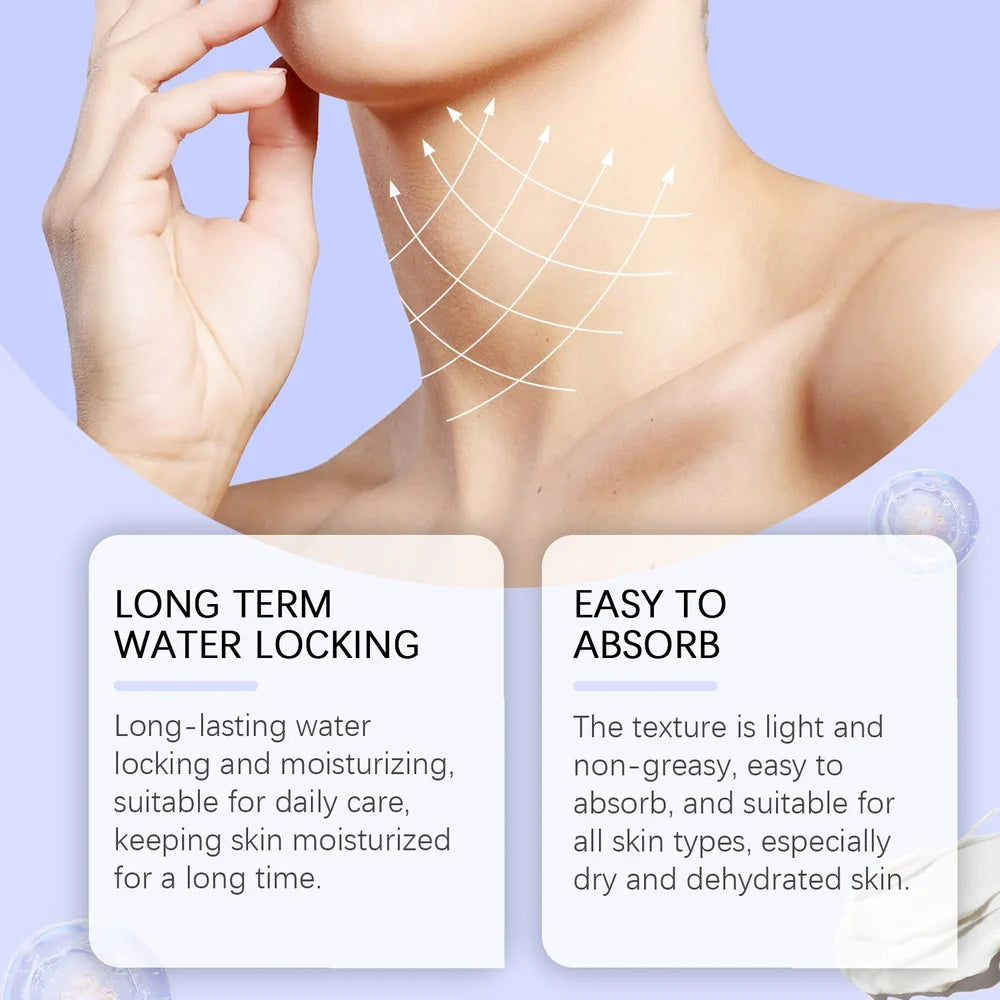 Neck skin cream in 6cm by 6cm by 3.8cm container with 50g moisturising and firming formula