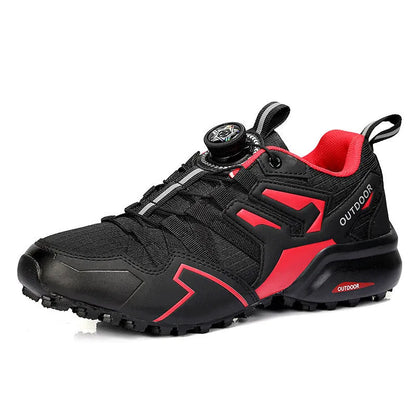 Men's elastic band hiking shoes in black with rubber outsole and synthetic leather upper