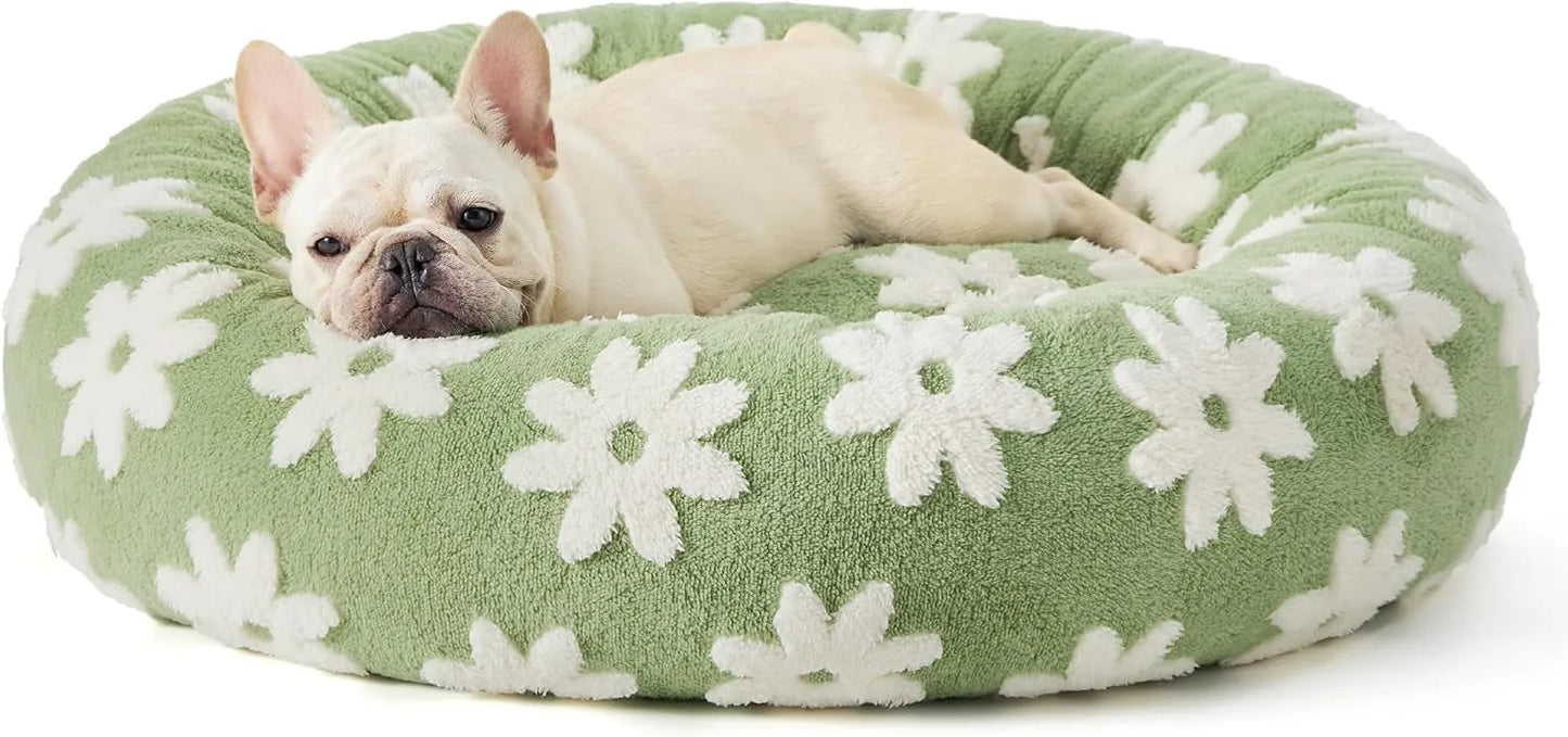 Round blue and white plaid dog bed with plastic sides on wooden floor