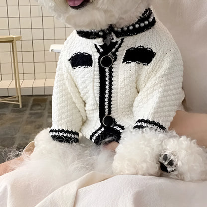 White Korean style dog sweater with pearl collar on small dog, princess cut polyester pet clothing