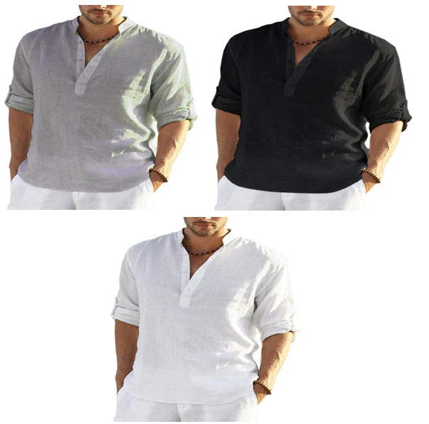 Stylish men's linen shirt with stand collar in various colours and sizes
