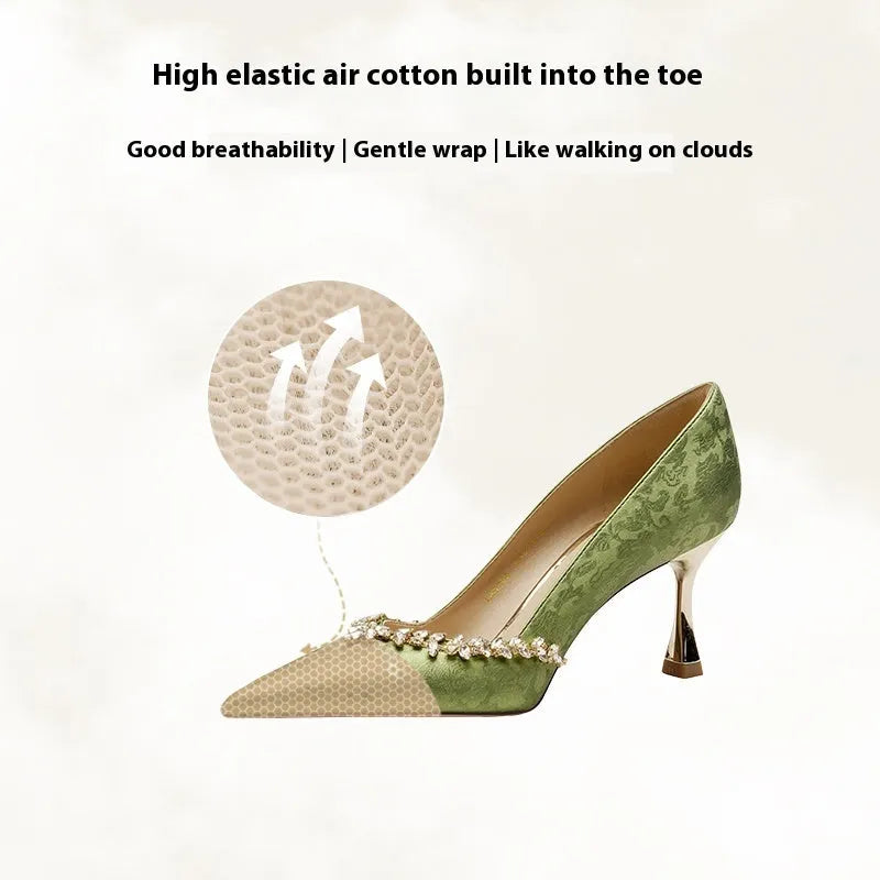 Chinese style satin wedding high heels with rhinestone detailing in champagne, green or silver