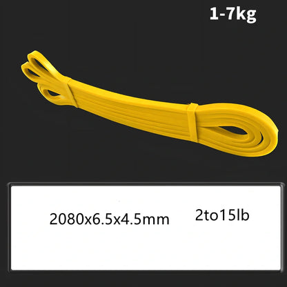 Fashion fitness stretch resistance band showing 2080mm length and multiple width options from 12mm to 45mm