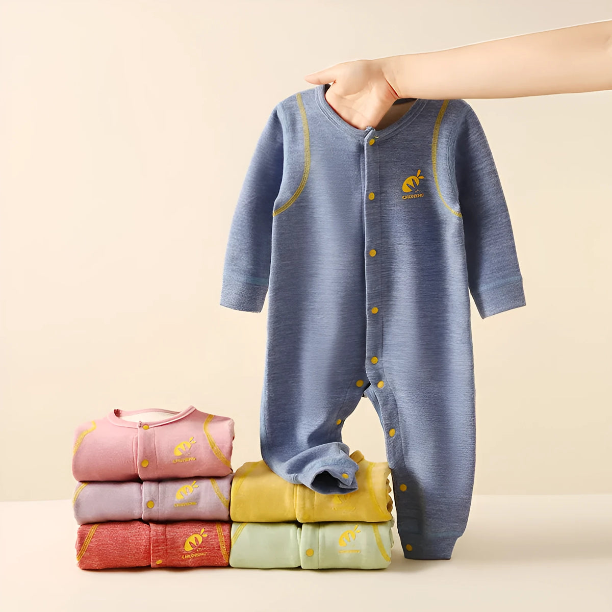 Baby plus velvet warm jumpsuit in polyester, long sleeve, single-breasted, available in six colours and five heights.