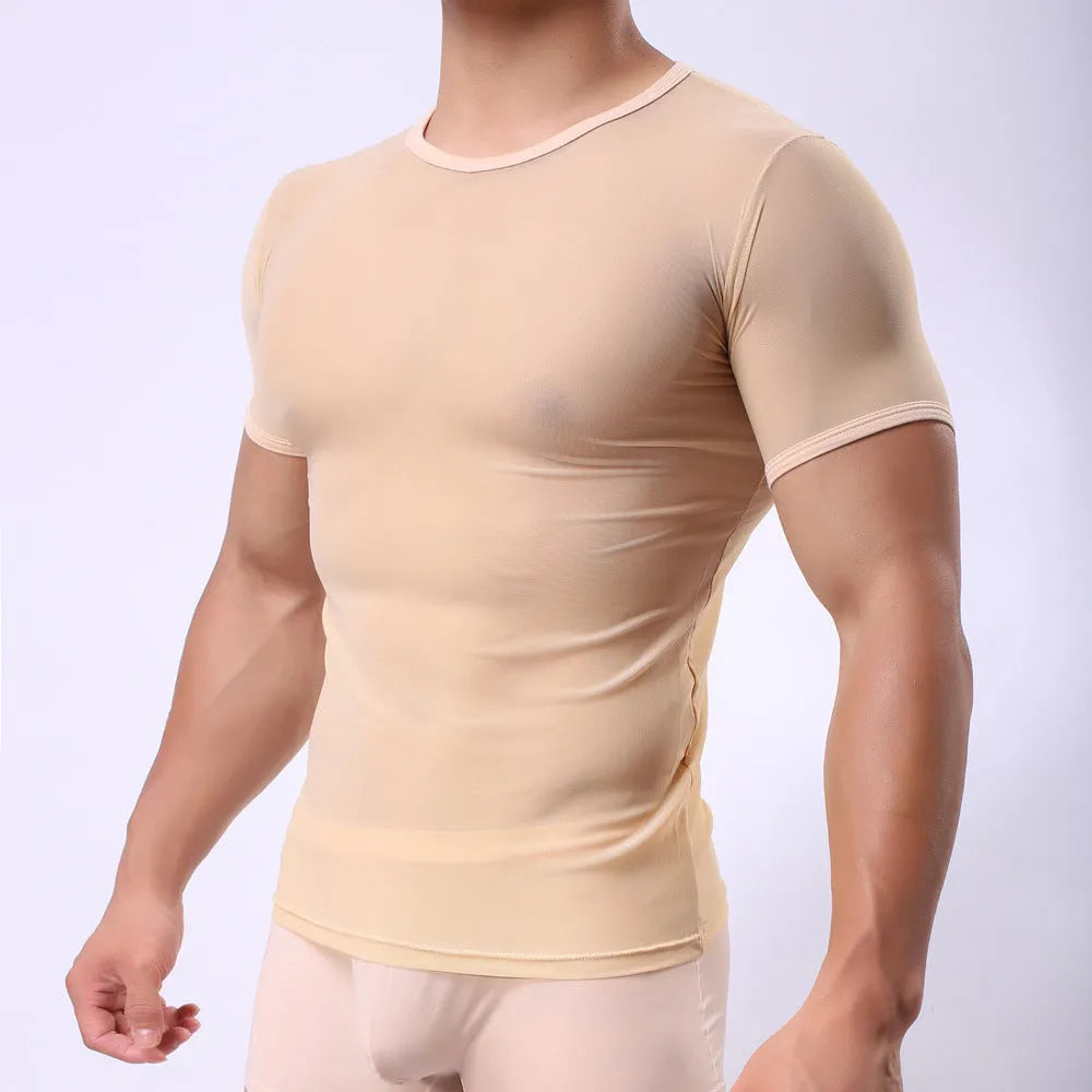 Men's slim fit transparent mesh t-shirt in solid colours on a model.