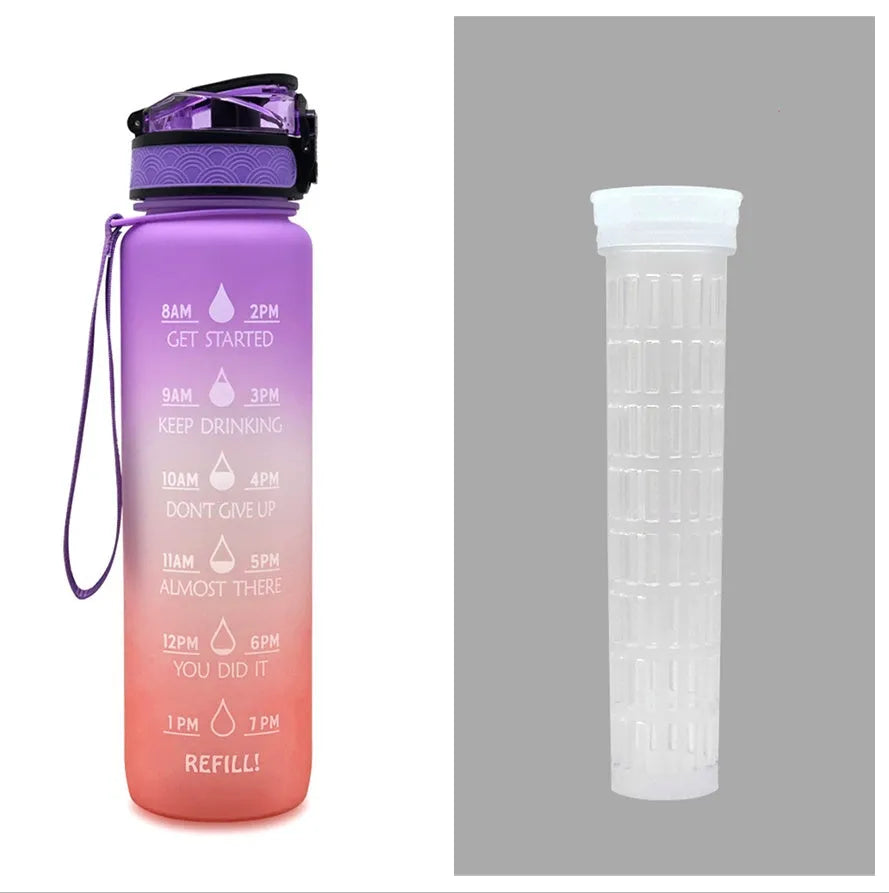 Blue and red gradient 1 litre Tritan sports water bottle with time markers and a flip-top lid.