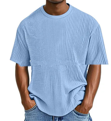 Cotton blend short sleeve waffle knit pullover casual shirt available in 10 colours with size range S to 5XL for leisure wear and everyday casual outfits, regular fit with standard thickness fabric suitable for teenagers and young adults.
