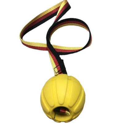 Yellow and camouflage coloured EVA foam floating dog balls with strings in 6.5cm, 7cm, and 9cm sizes.