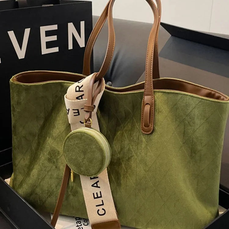 Large capacity women's tote bag casual soft polyester horizontal square shoulder bag with zippered inner pocket available in green, light khaki, brown and black asexual style