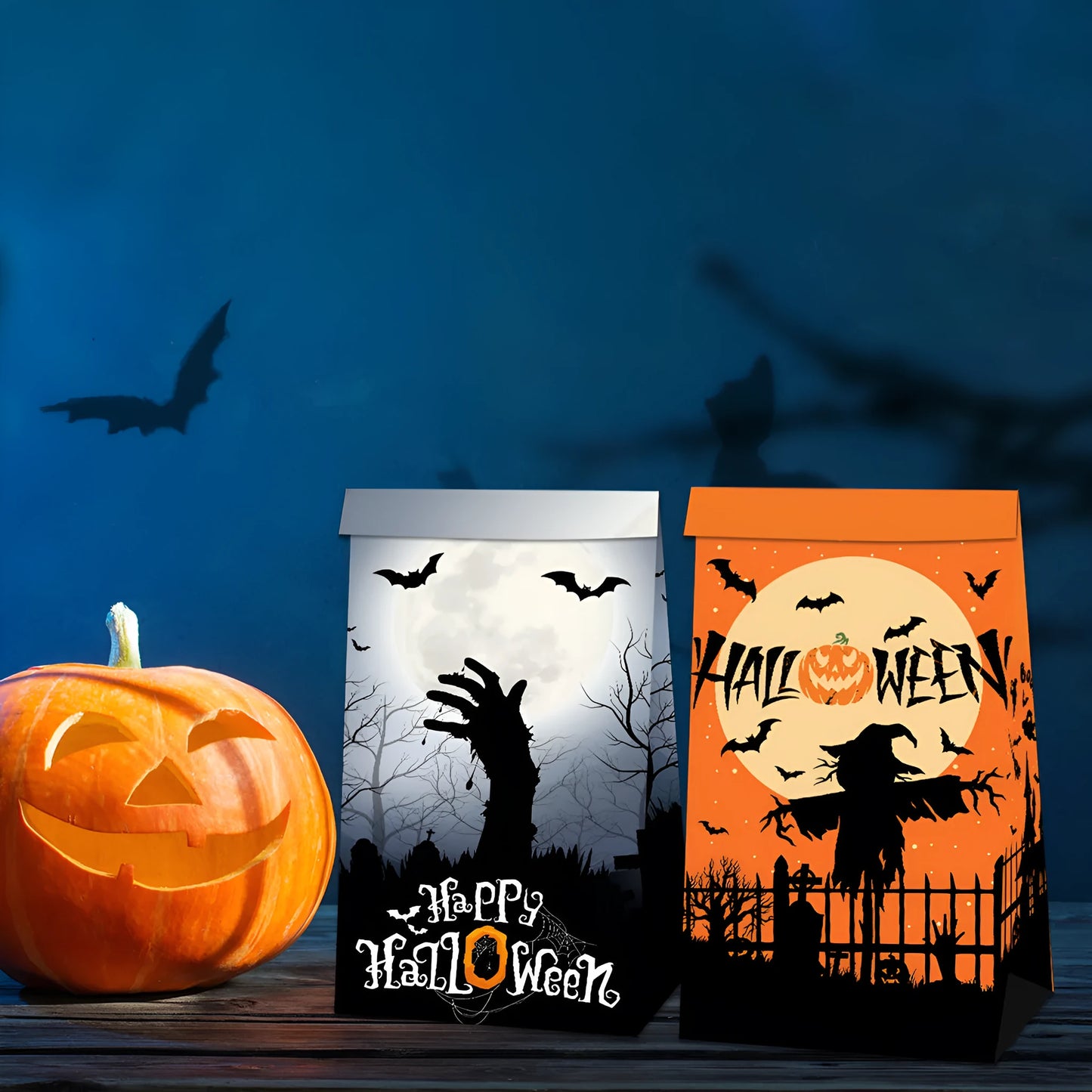 Set of 12 Halloween-themed paper bags and 18 decorative paper sealing stickers for party treats.