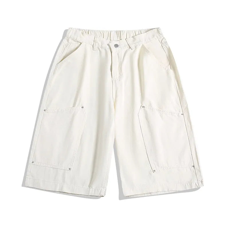 Casual wide-leg cropped pants with workwear rivet detailing in apricot colour with elastic waistband