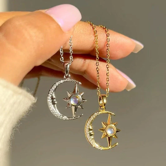 Stylish moon and star zircon pendant necklace with a dazzling celestial design and stainless steel construction