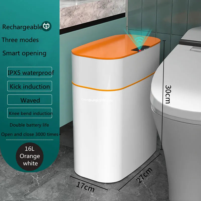 White smart induction trash can with automatic opening lid for kitchen or bathroom use
