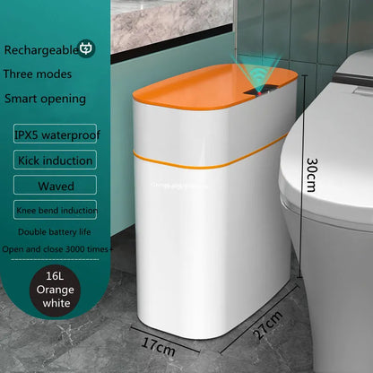 White smart induction trash can with automatic opening lid for kitchen or bathroom use