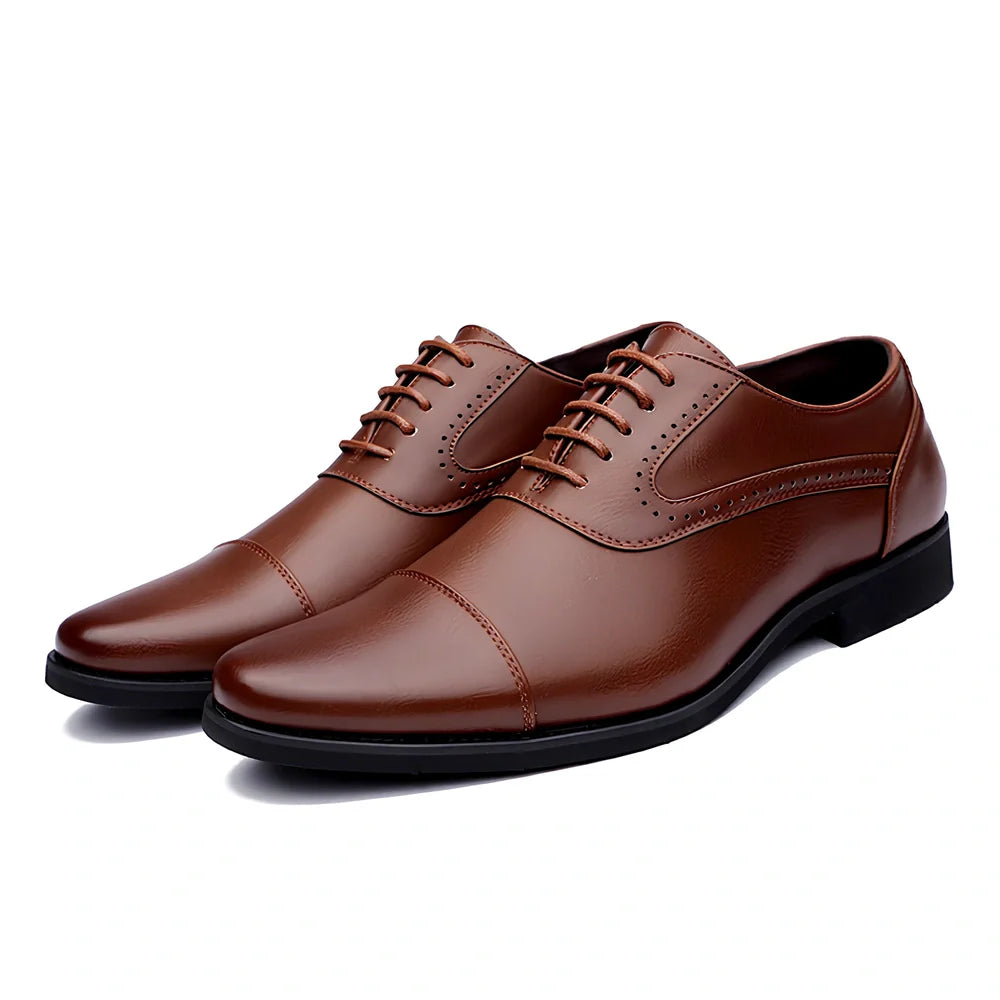 Men's black casual leather shoes with low-top design and visible sewing lines on PU leather upper