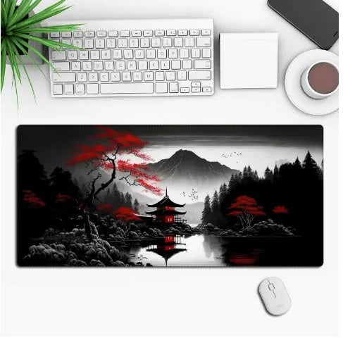 Anime-themed large black gaming mouse pad with custom graphic on a non-slip rubber cloth base.
