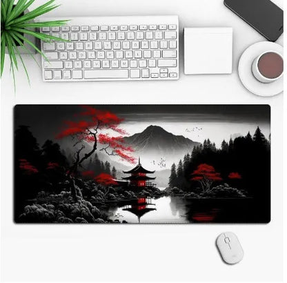 Anime-themed large black gaming mouse pad with custom graphic on a non-slip rubber cloth base.