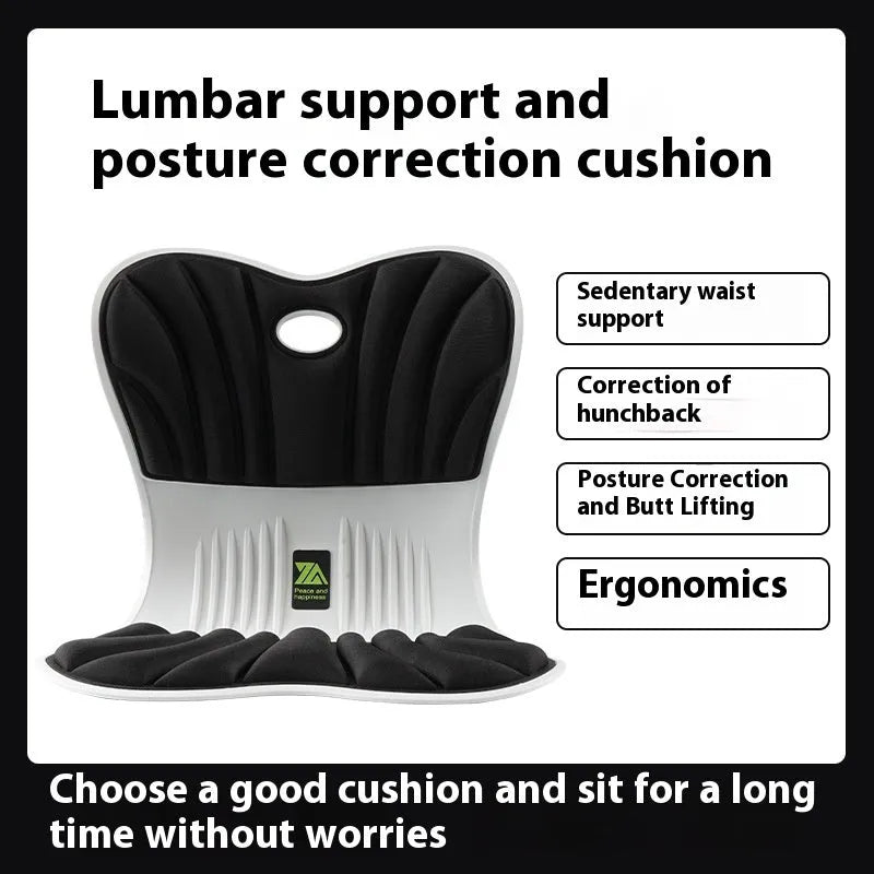 Ergonomic waist support seat cushion in grey, shown on an office chair.