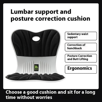 Ergonomic waist support seat cushion in grey, shown on an office chair.
