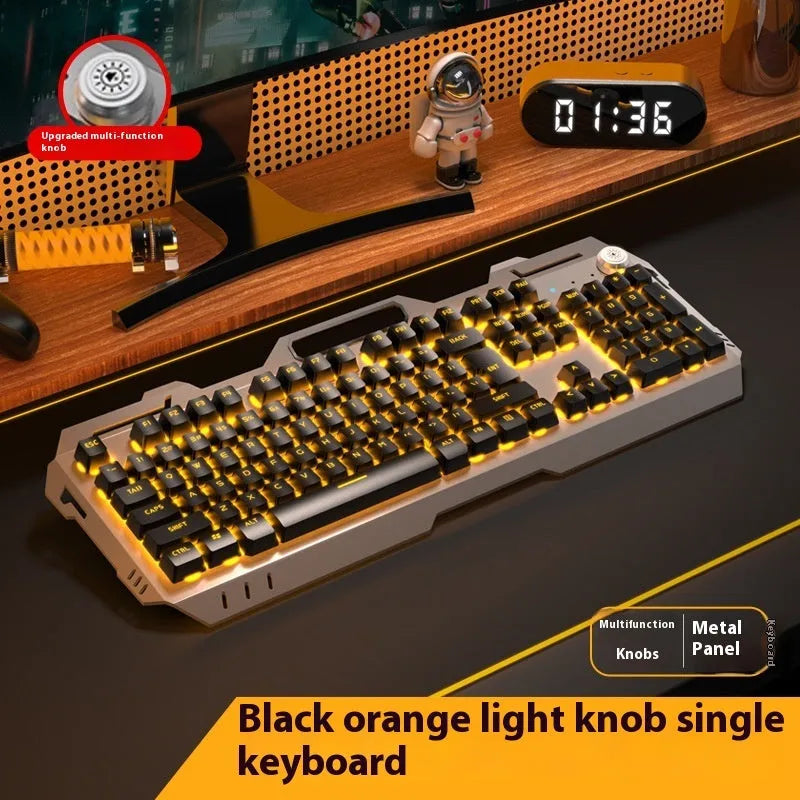 Aluminium alloy mechanical gaming keyboard with rainbow lighting, shown with a macro mouse and gaming headset.