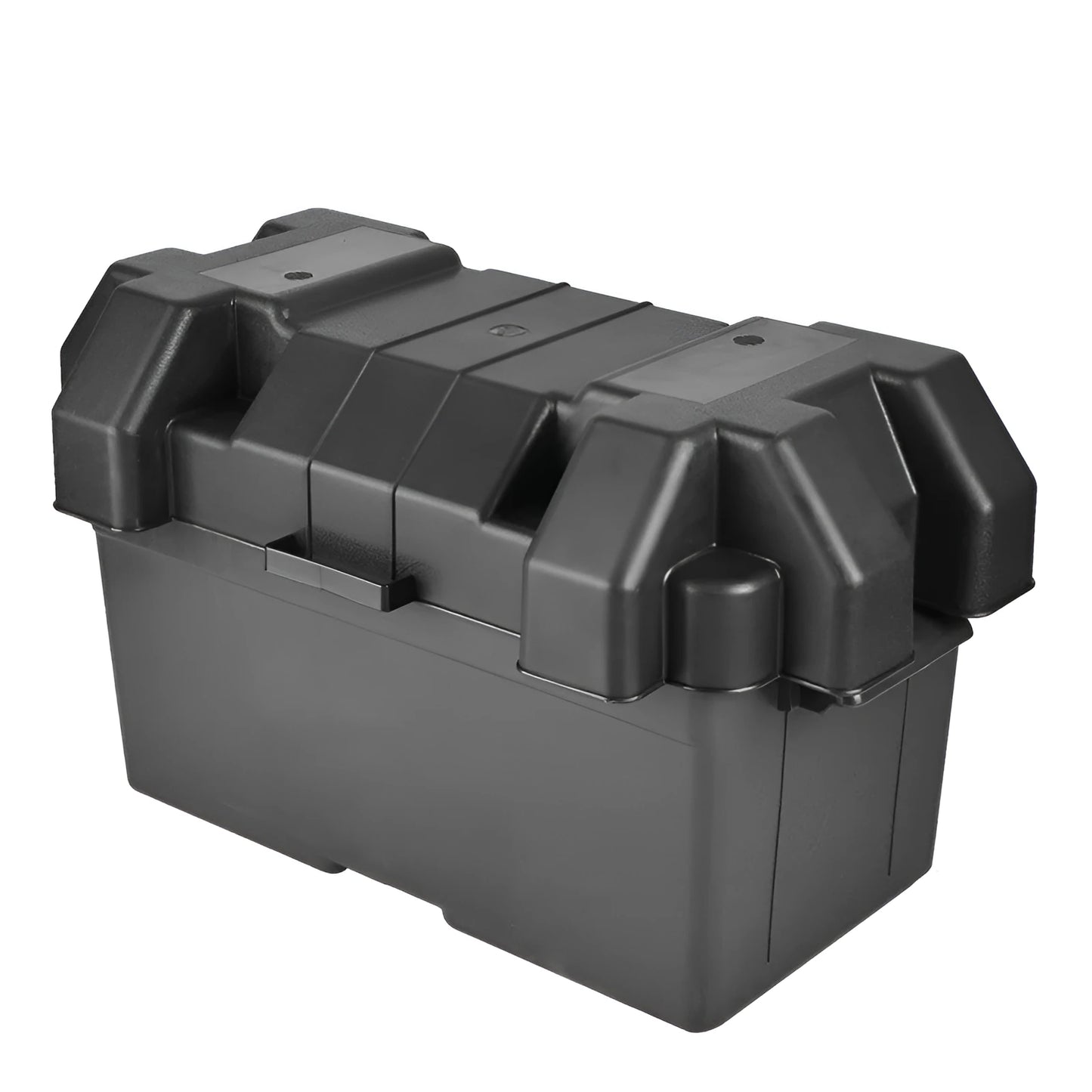 Black PP plastic battery storage box with securing strap, available in large and small size options