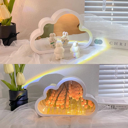 DIY Tulip Night Lamp with decorative mirrors and LED lighting in pink, purple, and blue