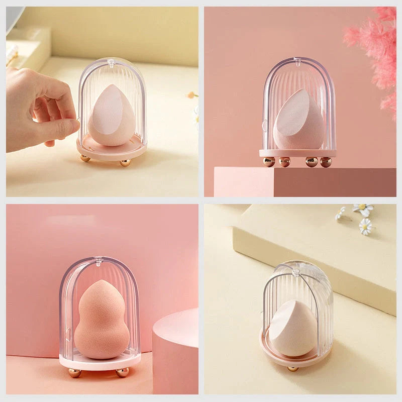 Birdcage Cosmetic Storage Box in white and pink, dustproof makeup sponge organizer