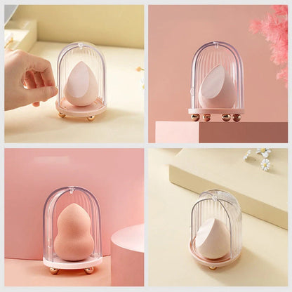 Birdcage Cosmetic Storage Box in white and pink, dustproof makeup sponge organizer