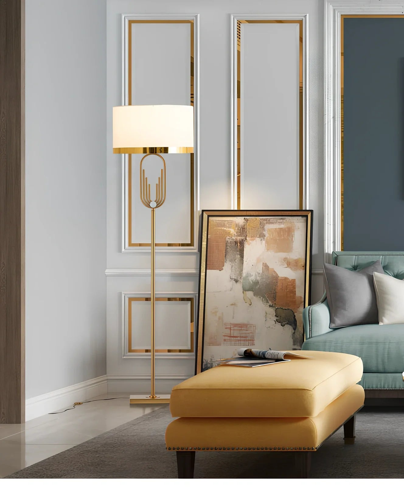 Modern vertical floor lamp with adjustable height and fabric shade for reading and desk work