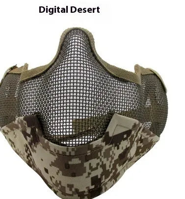 Carbon steel net protective face mask in camouflage pattern for outdoor field use.