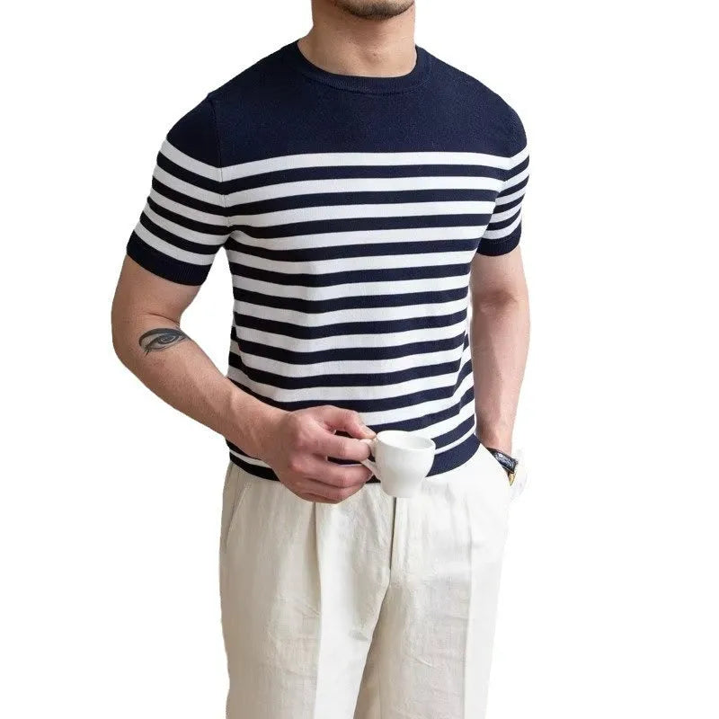 Men's striped short sleeve polyester T-shirt, pullover summer top, blue orange or white, sizes M to XXXL