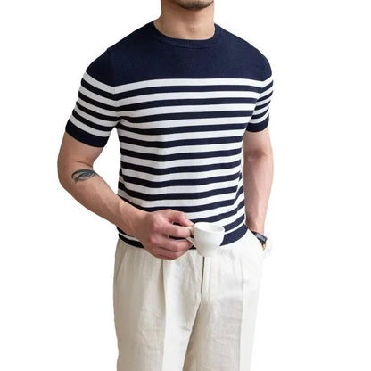 Men's striped short sleeve polyester T-shirt, pullover summer top, blue orange or white, sizes M to XXXL