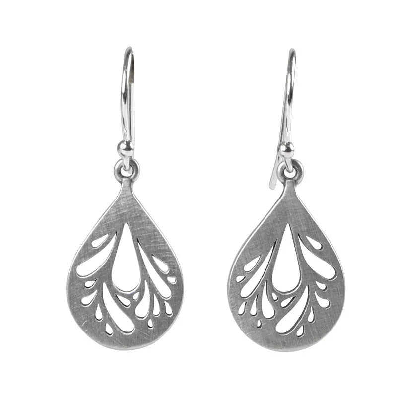 Women's retro hollow water drop silver earrings with small exquisite drop shape design