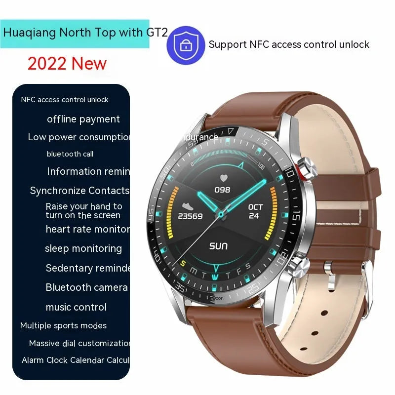 Black or silver smartwatch with 1.3-inch screen showing interface, featuring Bluetooth calling and NFC.