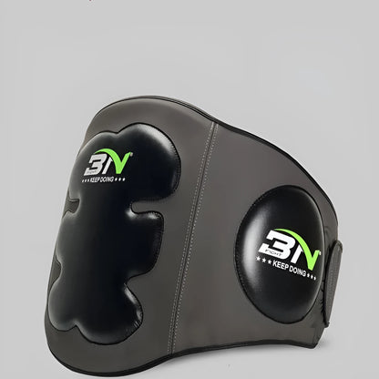 Sanda boxing breast protection target in dark grey showing waist and chest coverage for martial arts training