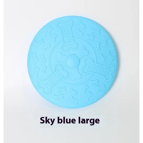 Plastic rubber Frisbee dog toy in green, large size, for outdoor fetch.