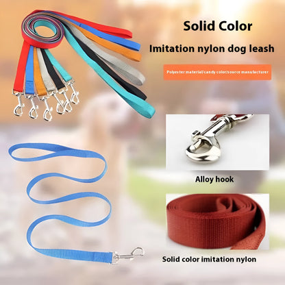 Solid colour polyester dog leash rope in hand, showing various width and colour options.