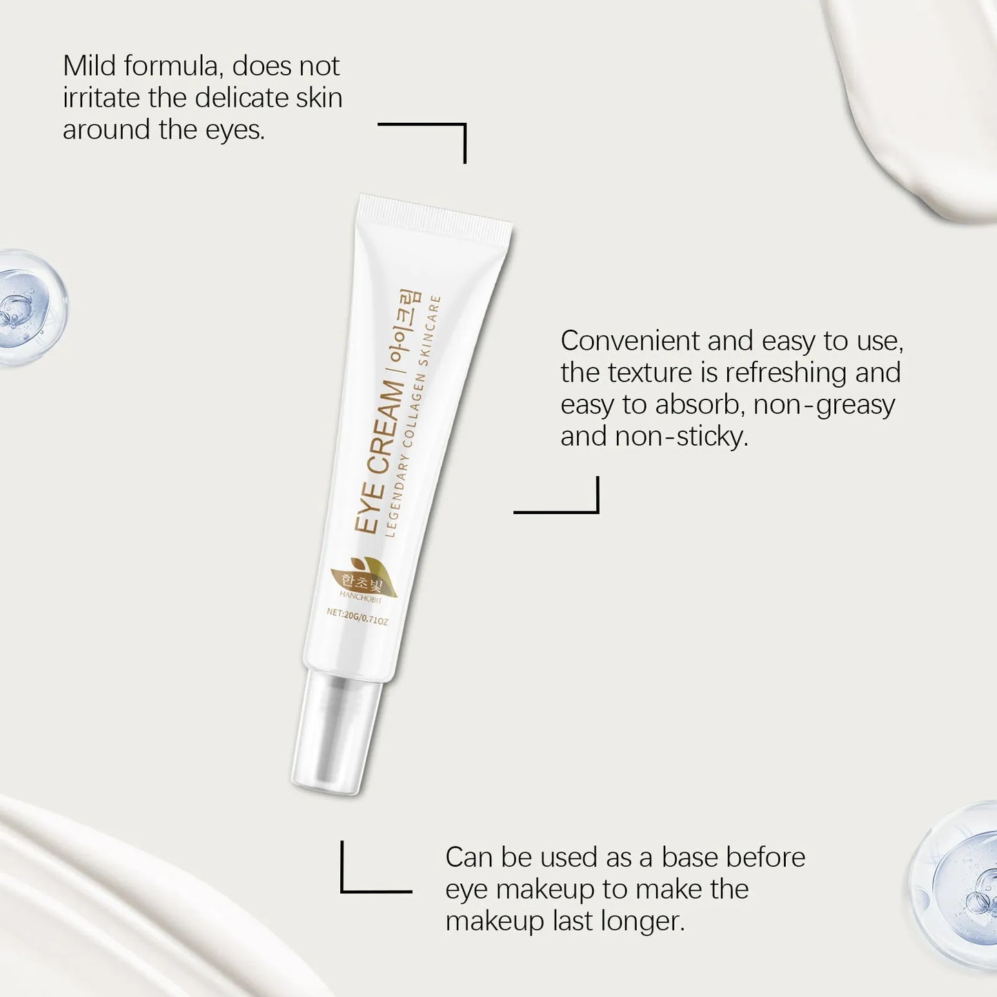White jar of collagen and hyaluronic acid eye cream, 20g net weight.