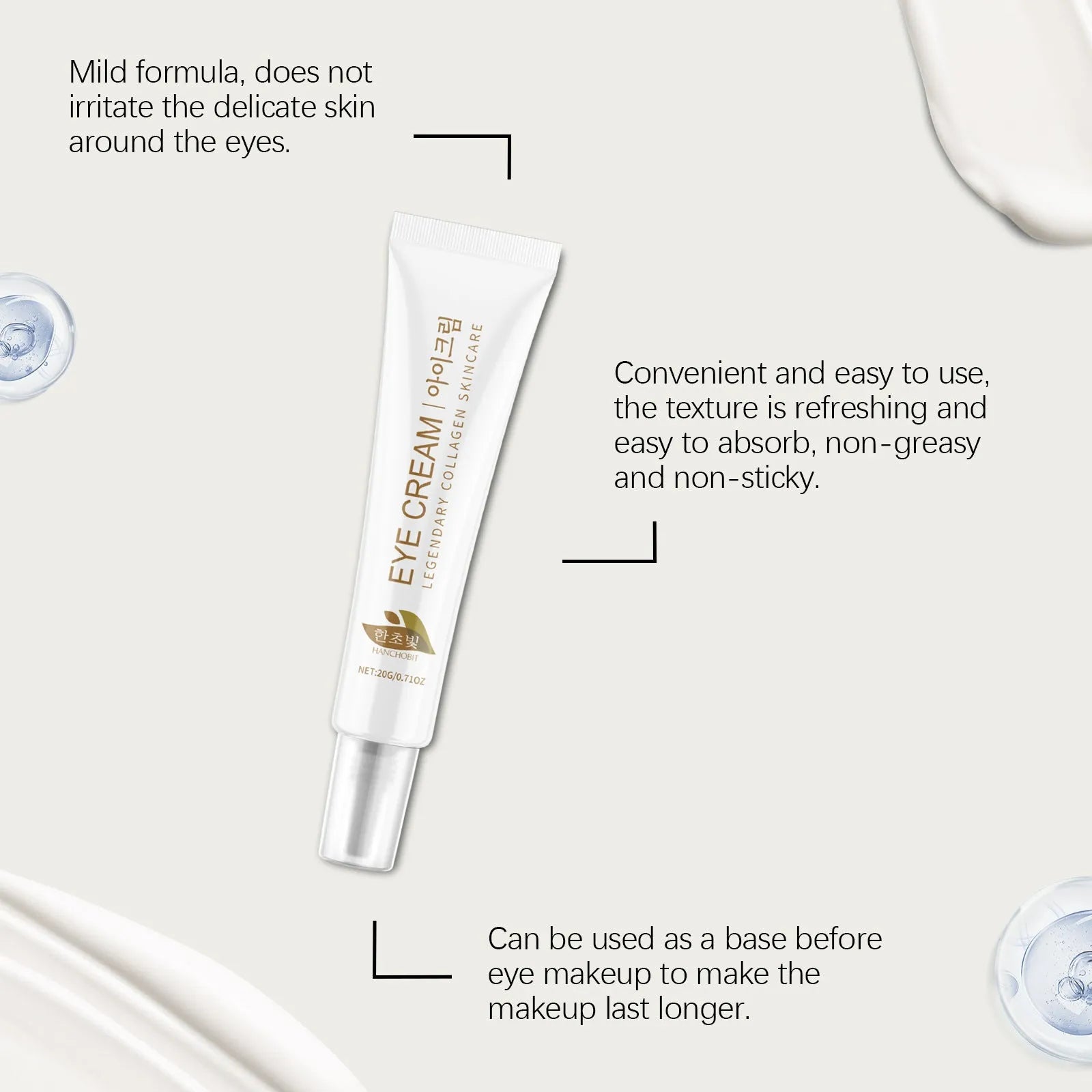 White jar of collagen and hyaluronic acid eye cream, 20g net weight.