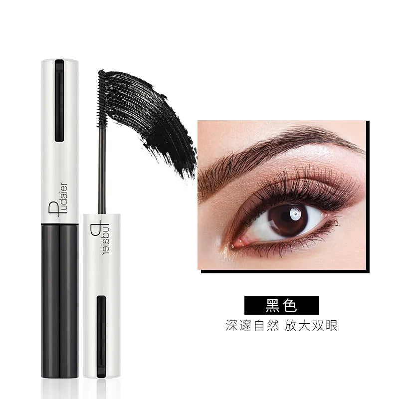 Black waterproof mascara tube with applicator showing curled lash effect