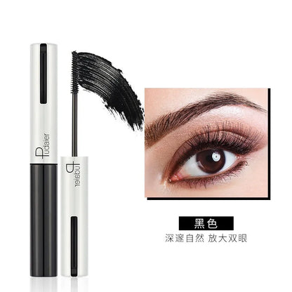 Black waterproof mascara tube with applicator showing curled lash effect