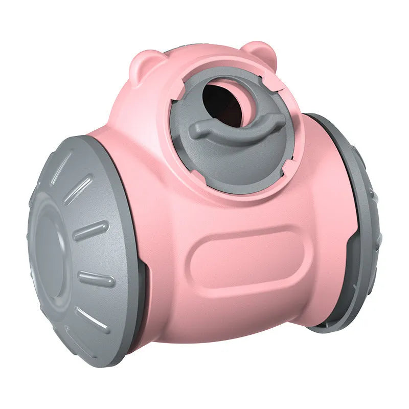 Plastic pet toy range with leaky bear dog toy, bulb tumbler cat toy, and sound teether ball in multiple colours