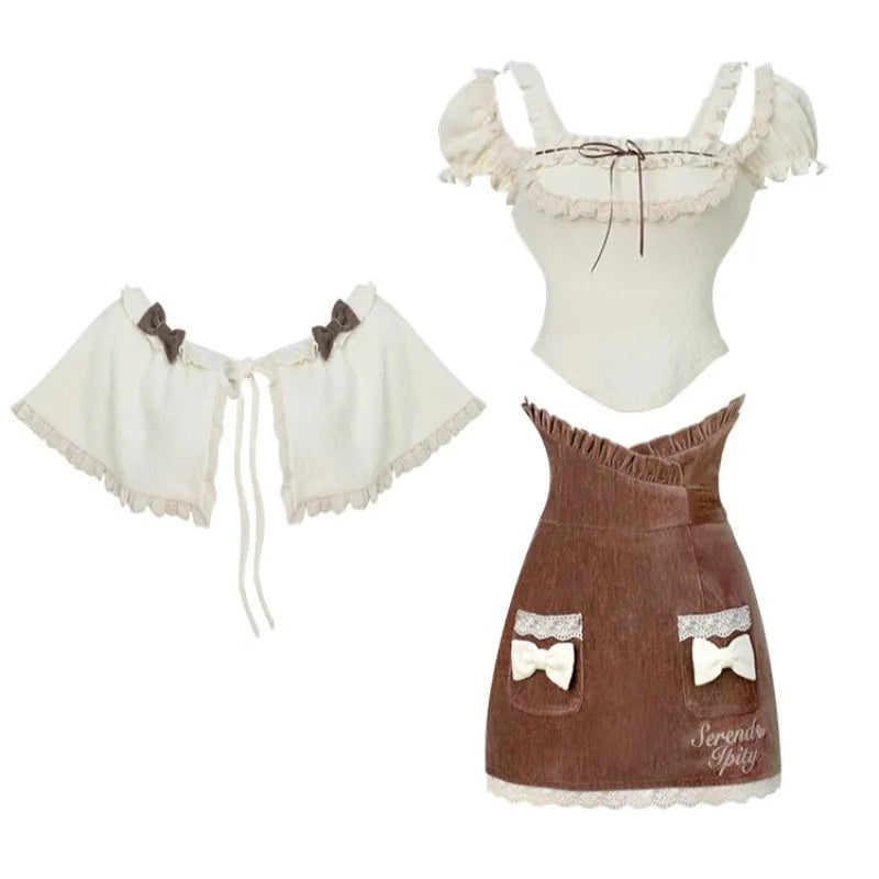 Apricot knitted top, brown hip skirt, and apricot shawl three-piece set in sizes S, M, XS
