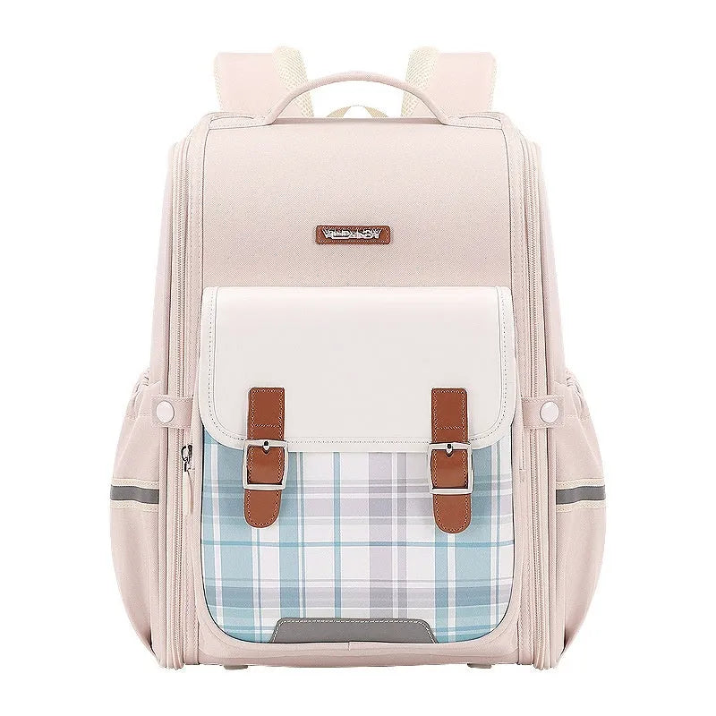 Navy blue Oxford cloth student backpack with large main compartment and adjustable straps.