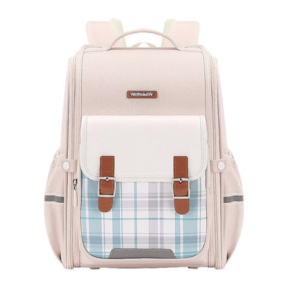 Navy blue Oxford cloth student backpack with large main compartment and adjustable straps.