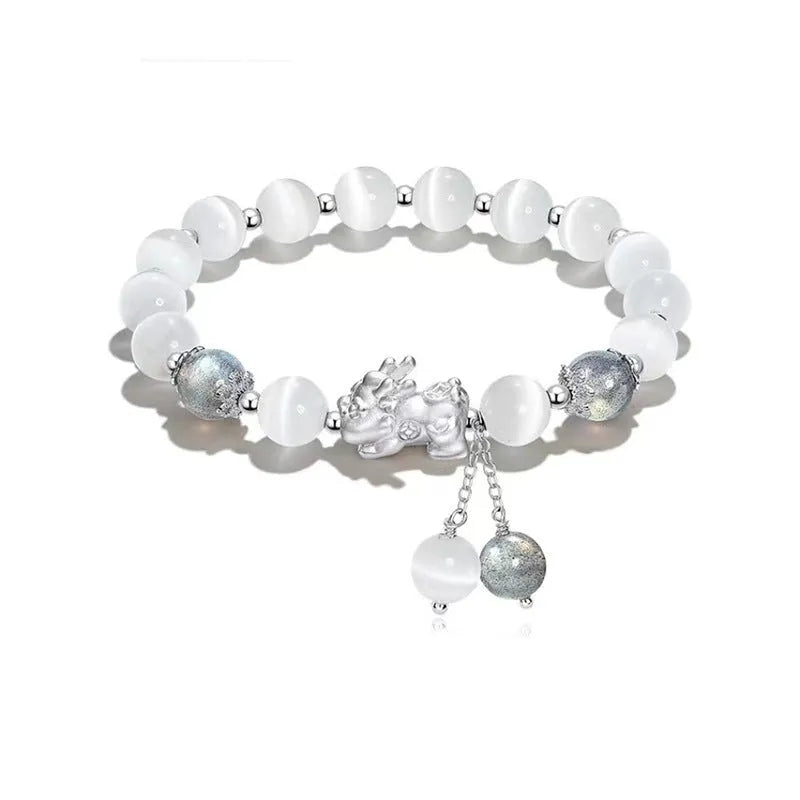 Natural black agate couple bracelets with 10mm wave-shaped beads in grey moonlight colour