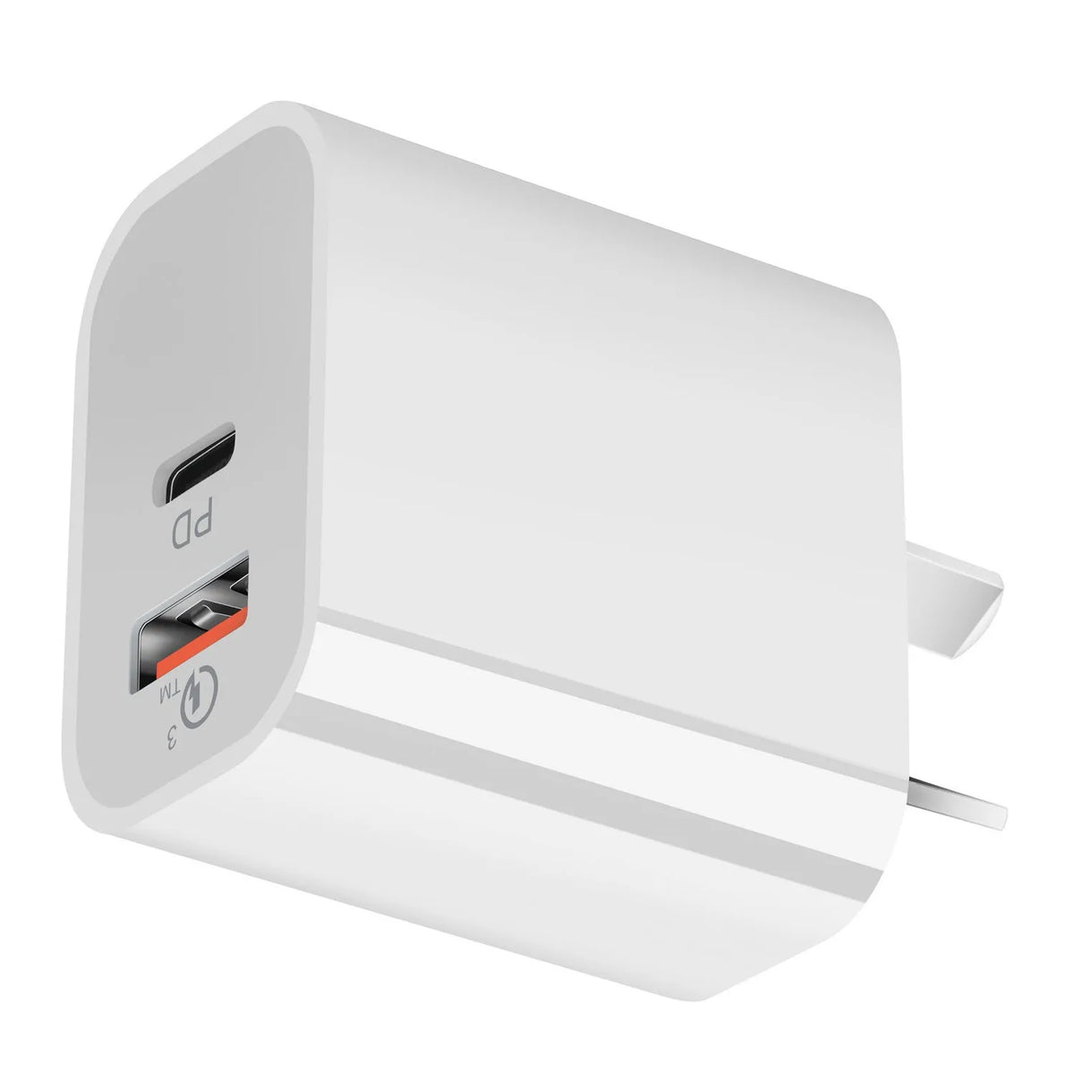 White Australian Standard dual USB charger with AU plug showing USB-A and USB-C ports
